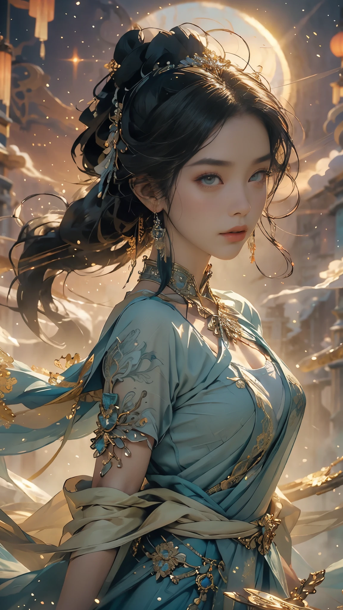 Telling the mythical story of Nuwa patching up the sky,Chinese mythology and stories,She smelt five-color stones to mend the sky;Stopped terrible floods。Deep background,absurd,marvelous and unbelievable,epic composition,(intricate details,Ultra-detailed:1.2),Super real photos, epic现实, ((neutral color)),(pastel colors:1.2), surreal, + lens + dynamic composition, Extremely detailed, sharpen, Normal, warm light, Light effect, dramatic light, (intricate details:1.1), complex background, (greg rutkovsky:0.8), (teal and orange:0.3),epic, elegant,elegant,(Intricate ornaments:1.1),big goddess avatar,