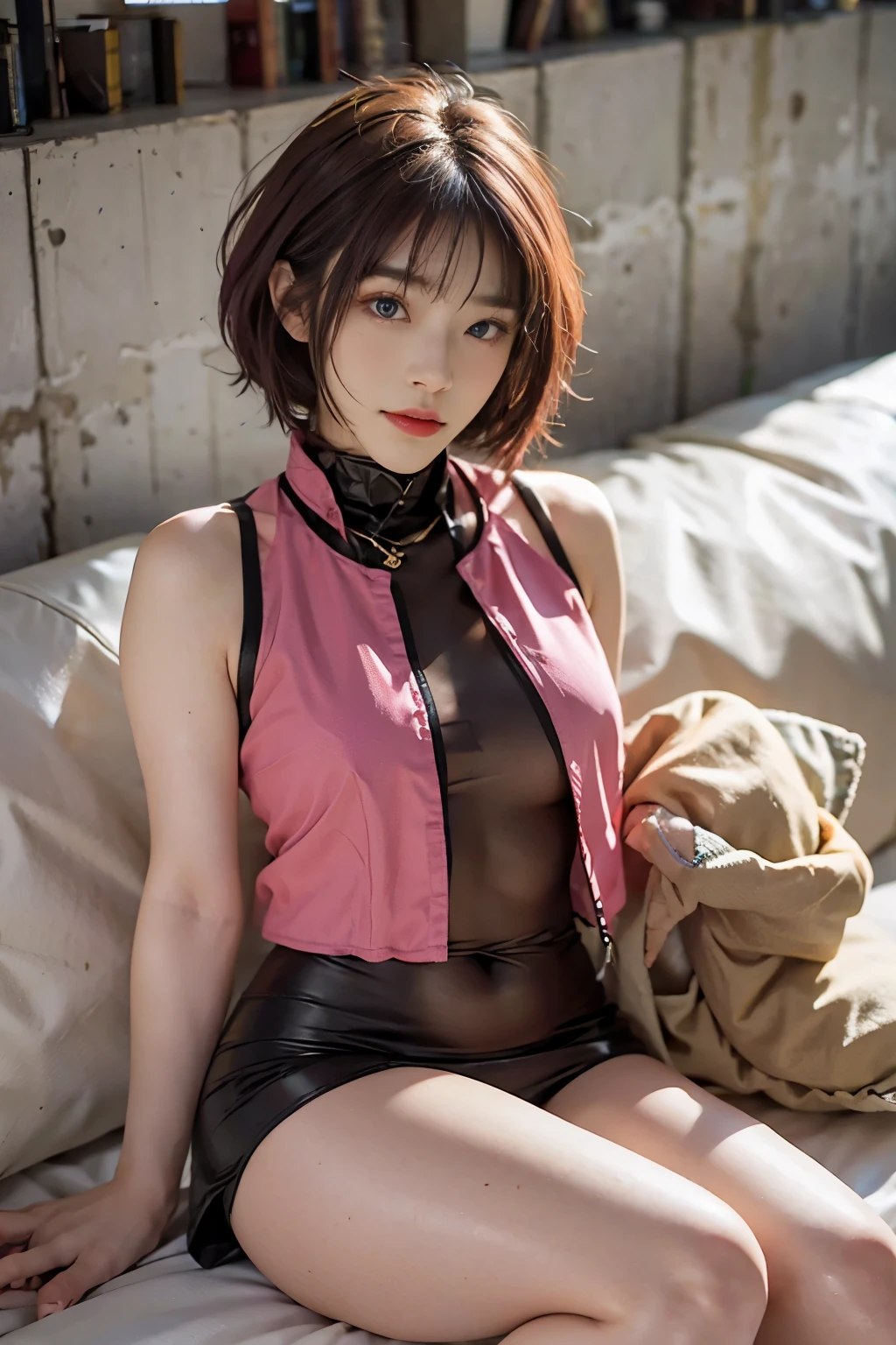 20yo woman, (masterpiece: 1.4), (8K, reality, original photo, best quality: 1.4), Japan, (1 girl), beautiful face, (Real faces: 1.4), (pink hair, short hair: 1.3), hairstyle, Realistic blue eyes, beautiful details eyes, (reality皮肤: 1.3), beautiful skin, Attractive, ultra high resolution, Super realistic, HD, golden ratio, (Detailed face: 1.4), (Japan演员: estuary), Sheer vest,粉色short hair,White透明,White,NSFW,big,big屁股强调,The nipple areola is clearly shaped,looking into camera,Sitting on the sofa,pubic shape is transparent and clear,posture(Bend your knees and legs open)