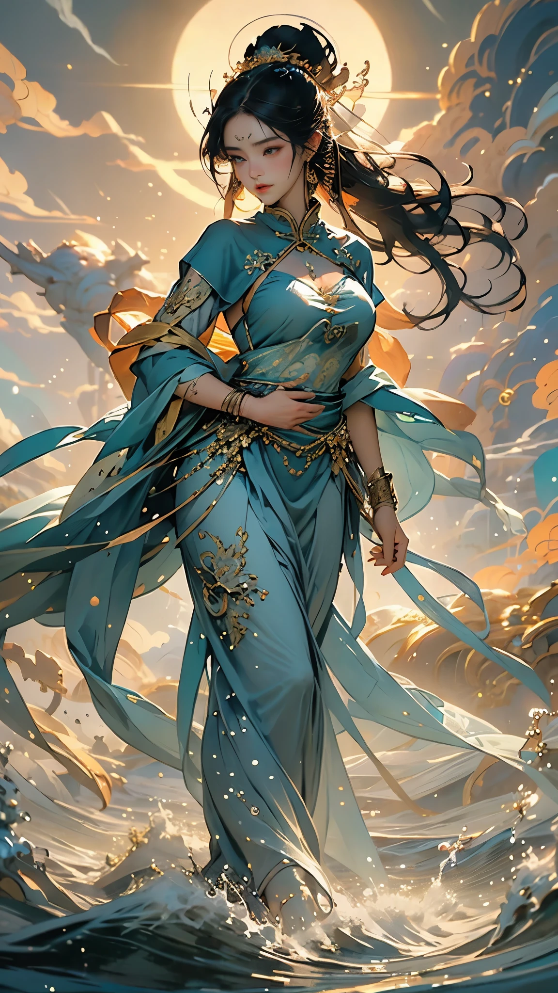 Telling the mythical story of Nuwa patching up the sky，Chinese mythology and stories，She smelt five-color stones to mend the sky；Stopped terrible floods。Deep background，absurd，marvelous and unbelievable，epic composition，(intricate details，Ultra-detailed:1.2)，Super real photos, epic现实, ((neutral color)),(pastel colors:1.2), surreal, + lens + dynamic composition, Extremely detailed, sharpen, Normal, warm light, Light effect, dramatic light, (intricate details:1.1), complex background, (greg rutkovsky:0.8), (teal and orange:0.3），epic, elegant，elegant，(Intricate ornaments:1.1),big goddess avatar，