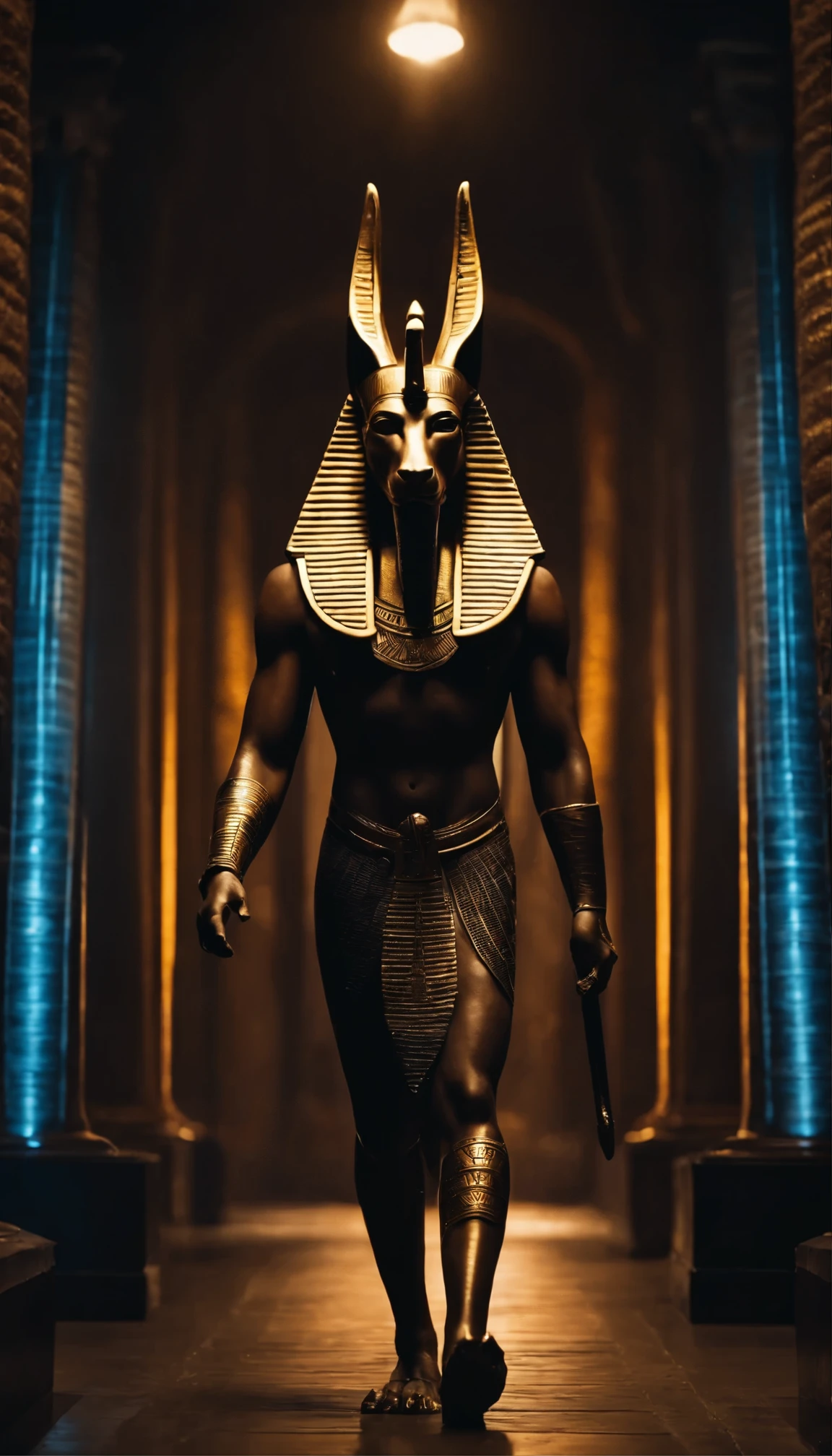 Egyptian god Anubis walking in the&#39;Egypte ancienne, , ankh dans sa main du dieu, fond noir, neon light 