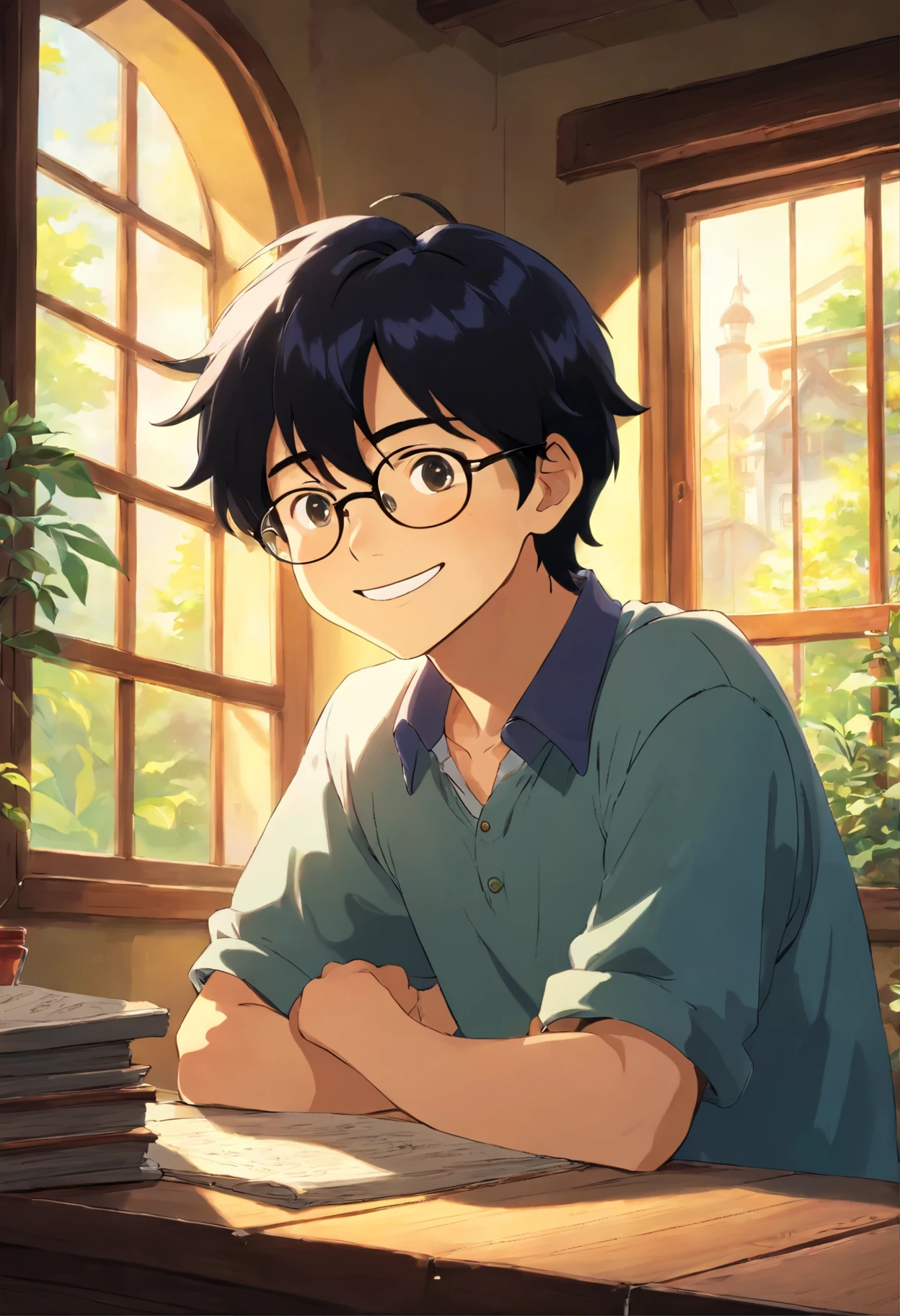 glasses　male　youth　black hair　Window　Light　smile　bright　animation