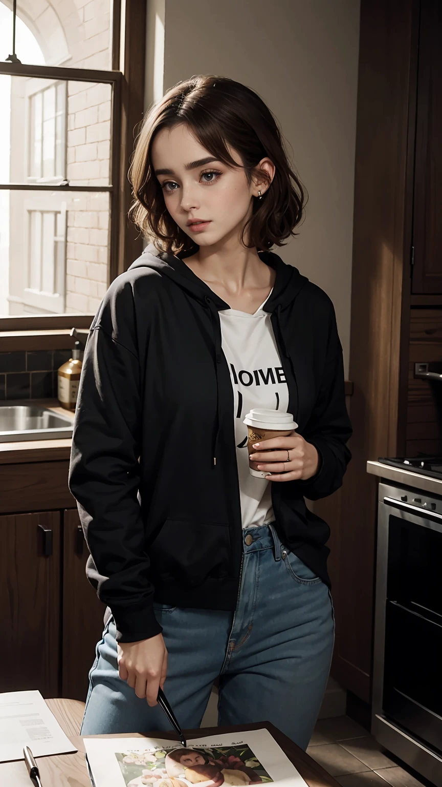 Wearing a hoodie with curly black hair、Lily Collins wearing an illustration of a medieval dress is detailed, soft and bright, HD Art by Greg Hildebrandt, Liu Citema, Seik Stepan, Samyang, Aykut Aydogdu, Justin Gerard, Alphonse Mucha, types of bacteria, WLOP and Greg Rutkowski
