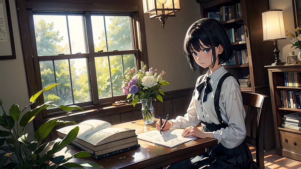 ((Watercolor by singer Sargent))、(highest quality、masterpiece)、1 girl、17 years old、wonderful、short black hair、black eye、small breasts、uniform、long skirt、Bookでいっぱいのtable, memos and notes,study,library、Book、flower shop、Bookを読む、table、Floral、window、Foliage plant、 wood、soft light、