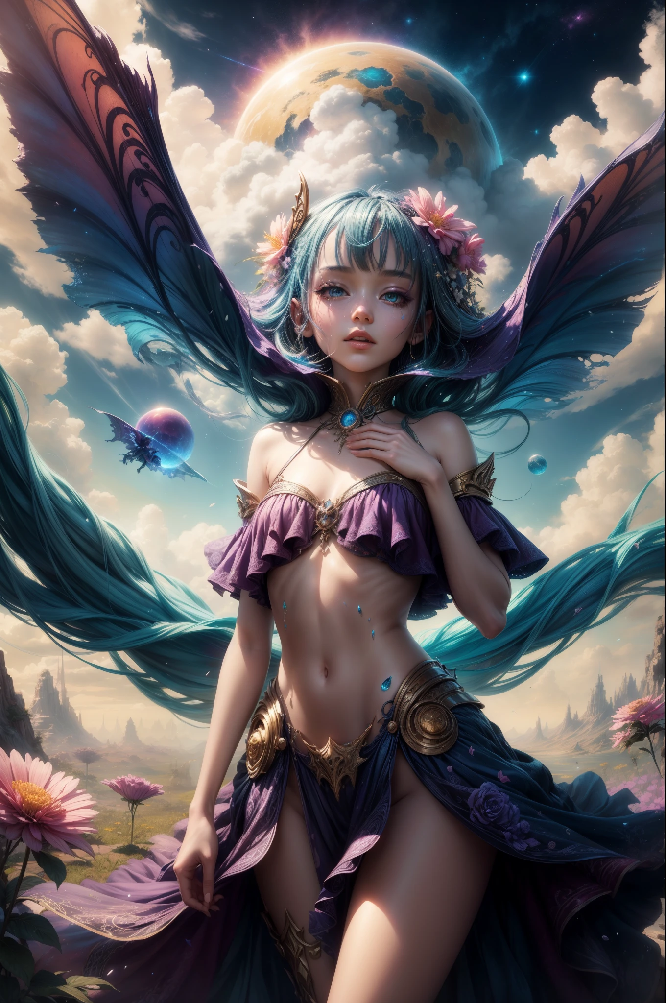 "((Fantasy art)) featuring an alien girl immersed in a celestial symphony, clouds transforming into vibrant splashes, flowers scattered like notes in the wind, a visual orchestration of color and wonder"