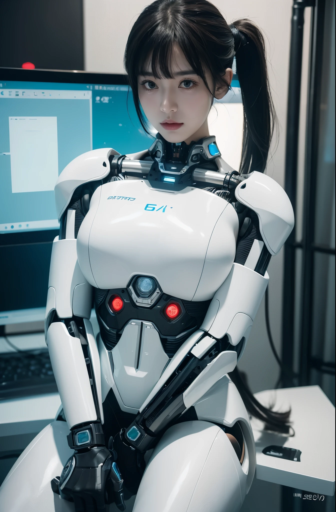 (Photorealistic:1.4), (Raw photo)masutepiece, Best Quality, Extremely detailed, (Photorealistic:1.4), (8K, 4K, Best Quality, hight resolution, 超A high resolution:1.1), 8K Portrait,1girl in, Japanese android gid,Plump , announcer,control panels,android,Droid,Mechanical Hand, ,Robot arms and legs, Black hair,Mechanical body,Blunt bangs,White Robotics Parts,perfect robot woman,Charging spot,Long Tube,A thick cable was connected to his neck.,ceramic body ,Mechanical body, mechanical ear covers,android,robot humanoid,Slightly Chubby,pantiy,complete eyes,Perfect machine body,White robot body,The laboratory of the future,android factory,mechanical ear covers,White and light blue uniform,aqua accent costume,perfect cyborg girl