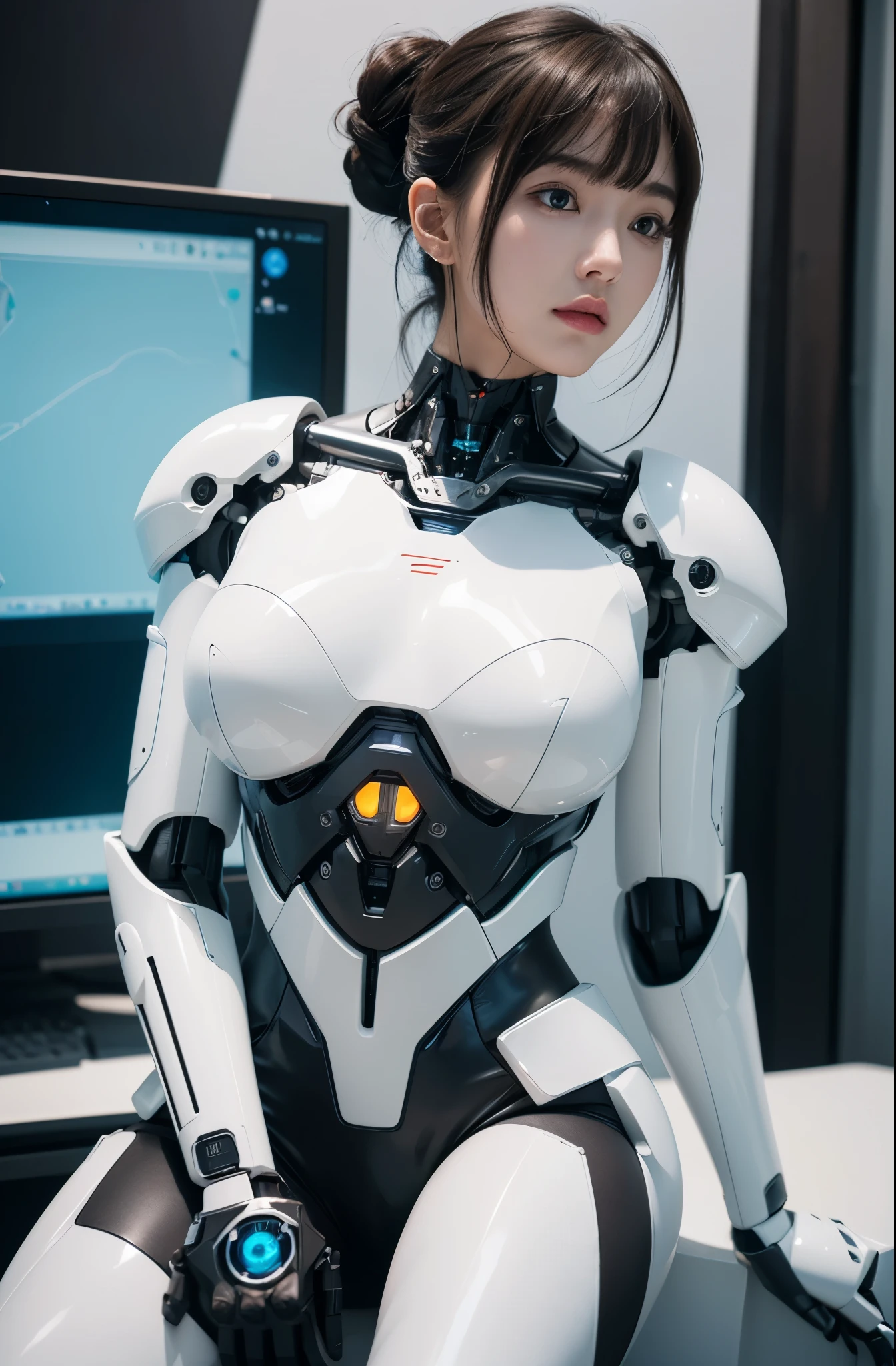 (Photorealistic:1.4), (Raw photo)masutepiece, Best Quality, Extremely detailed, (Photorealistic:1.4), (8K, 4K, Best Quality, hight resolution, 超A high resolution:1.1), 8K Portrait,1girl in, Japanese android gid,Plump , announcer,control panels,android,Droid,Mechanical Hand, ,Robot arms and legs, Black hair,Mechanical body,Blunt bangs,White Robotics Parts,perfect robot woman,Charging spot,Long Tube,A thick cable was connected to his neck.,ceramic body ,Mechanical body, mechanical ear covers,android,robot humanoid,Slightly Chubby,pantiy,complete eyes,Perfect machine body,White robot body,The laboratory of the future,android factory,mechanical ear covers,White and light blue uniform,aqua accent costume,perfect cyborg girl