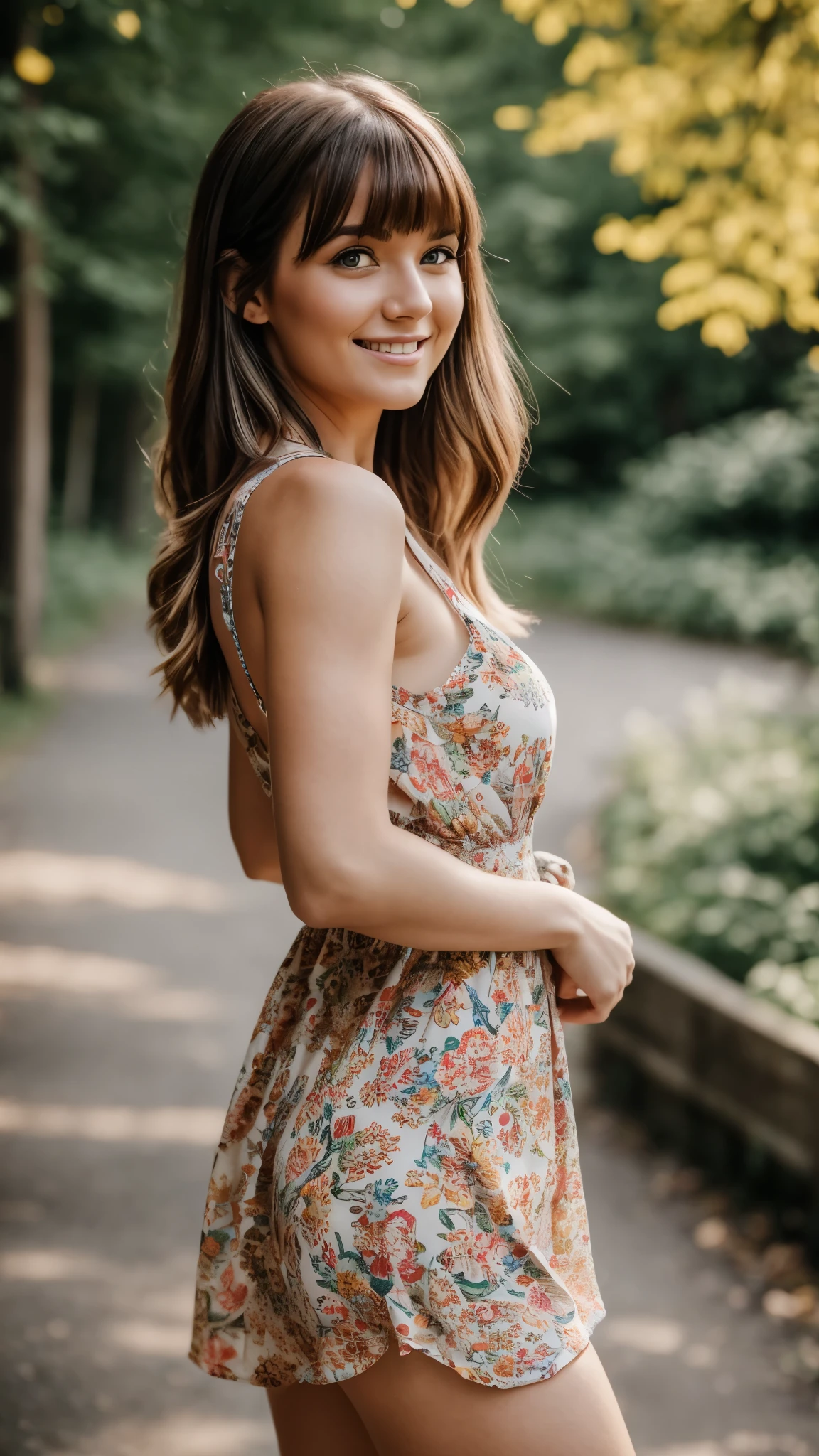 realistic body shot photo of a finnish smiling woman walking in front of the camera wearing a colorful summer dress. Bangs hair. perfect butt, zoo. sun is shining. glamour photoshoot. beautiful face, perfect anatomy, fit girl, looking into the camera, strong hip:1.2, wide hip:1.3, 22 yo woman. (Eye makeup:1.1), (highly detailed skin:1.1), RAW, analog style, sharp focus, 8k UHD, DSLR, high quality, Fujifilm XT3, grain, award winning, masterpiece.