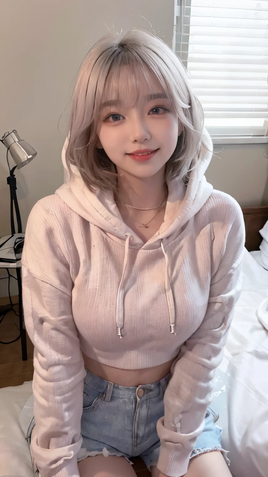 Highest image quality、Live shooting、ultra high resolution、21 year old Korean、small breasts、dynamic angle、cowboy shot、the most beautiful form chaos、elegant、brutalist design、vivid colors、beautiful white hair、short bob、smile、smile、shiny white skin、Beautiful eyes with random colors、Beautiful eyes in every detail、elongated eyes、thin lips、pale pink blush、long eyelashes、beautiful double eyelids、eye shadow、bright room、Big hoodie、hot pants、Taken from diagonally above、sexy pose