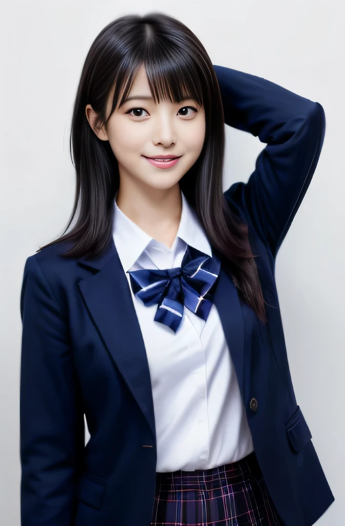 1woman posing for photo, japanese model model, 16-year-old female model, 4K、bangss、A dark-haired、bobhair、Middle hair、Straight hair、(Student uniform with dark blue blazer and red tie, Navy Plaid Pleated Skirt:1.2),　(Super cute face in idol style:1.2)、school classrooms、slim and beautiful figure、beutiful breast、A smile、full body Esbian、school classrooms美しい脚、sexy pose、white sock、White sneakers、((シャツの胸元が大きく開いて、胸の谷間が見える:1.2))、
