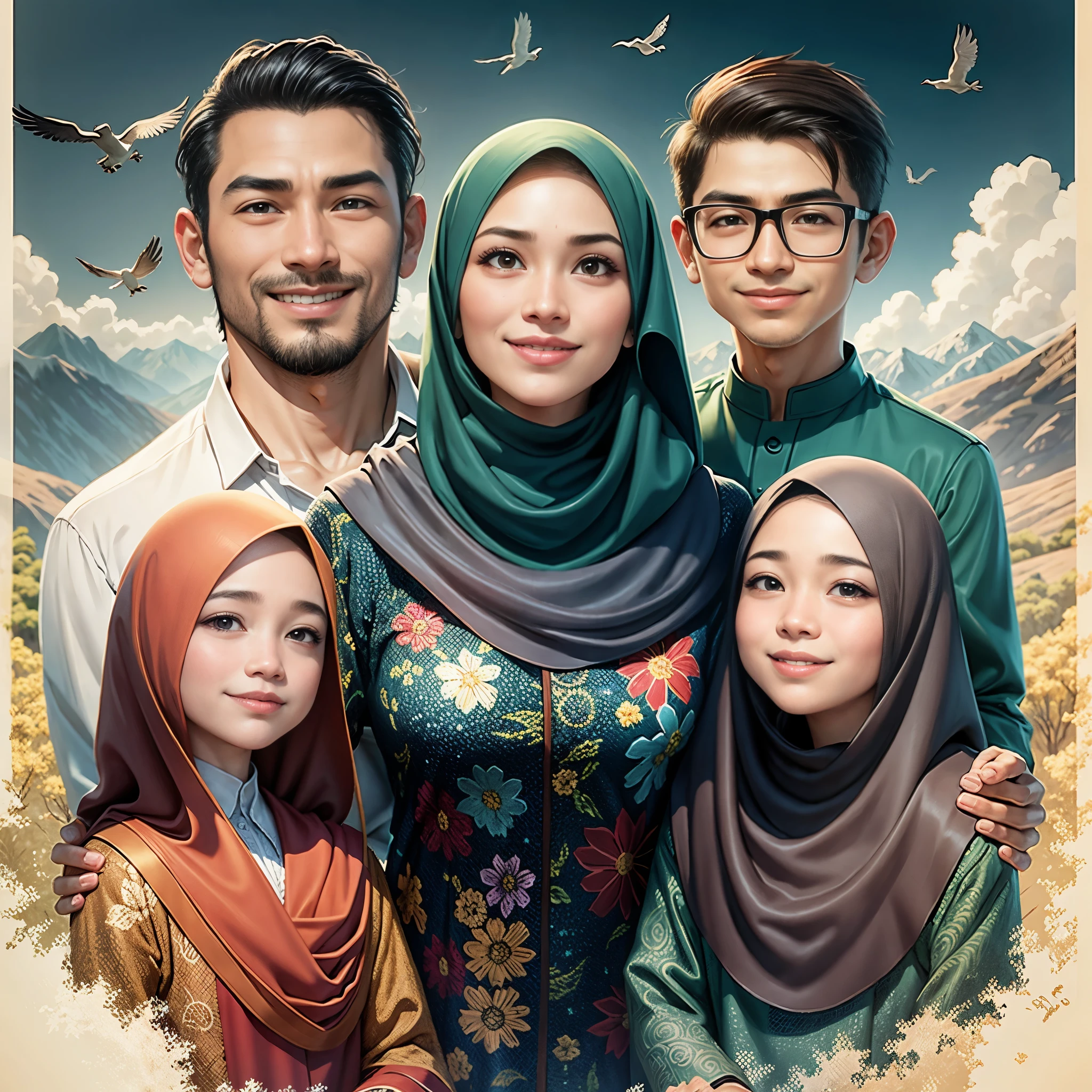 arafed family portrait with a mountain background and birds flying overhead, an indonesian family portrait, happy family, potrait, full protrait, family portrait, inspired by Nazmi Ziya Güran, realism artstyle, barong family, cartoon artstyle, close up potrait, high quality portrait, inspired by Oton Gliha, sakimi