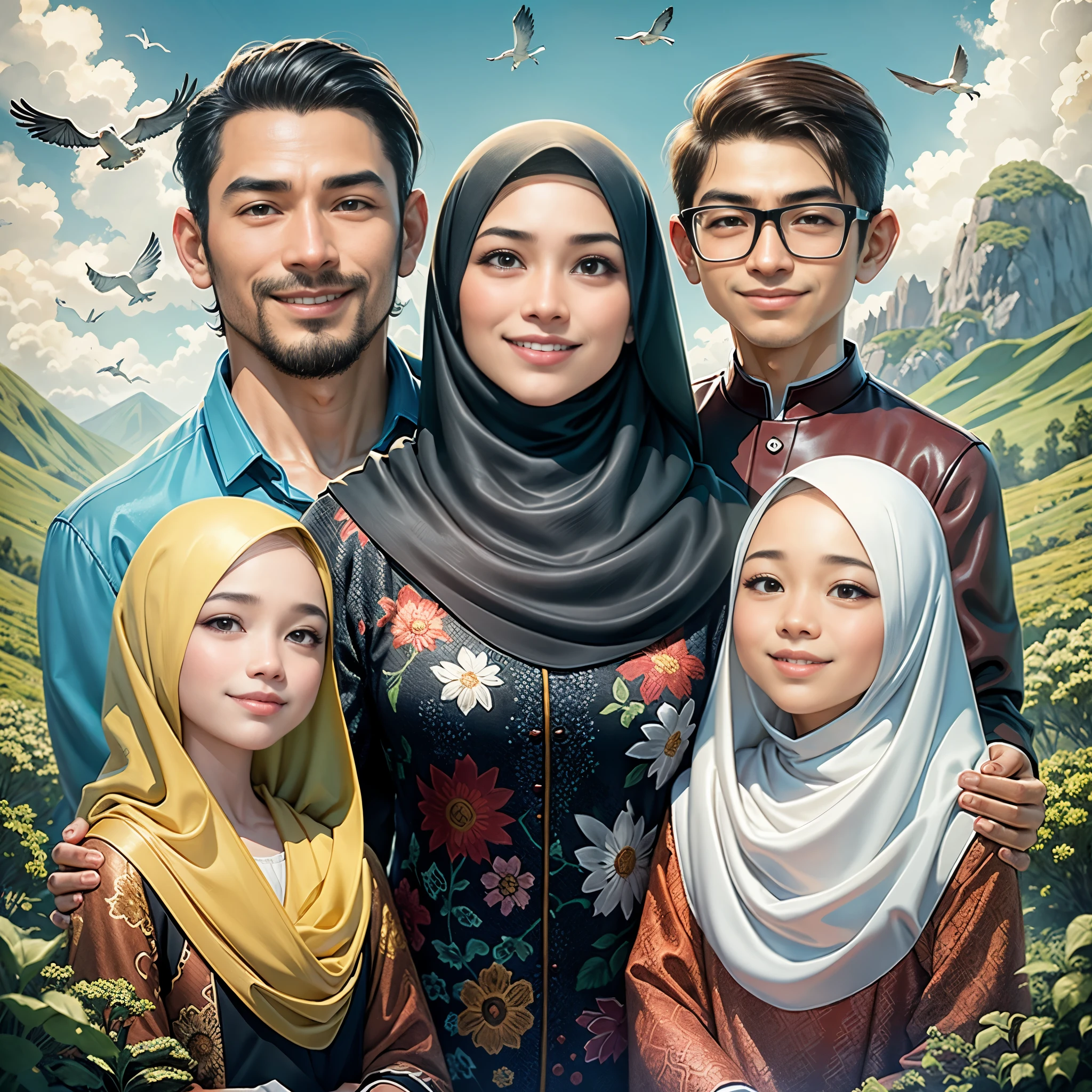arafed family portrait with a mountain background and birds flying overhead, an indonesian family portrait, happy family, potrait, full protrait, family portrait, inspired by Nazmi Ziya Güran, realism artstyle, barong family, cartoon artstyle, close up potrait, high quality portrait, inspired by Oton Gliha, sakimi