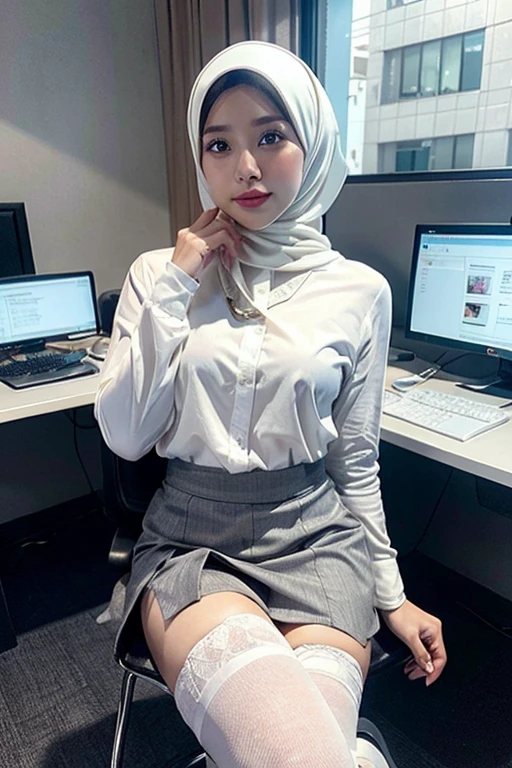 malay girl in hijab, (Elite secretary of light underwear high society), sit on chair,working in an office、 (Wear pantyhose)、(white hijab)、Crossed legs, Wear high-end heels、 (thighhighs and skirt), Shirt secretary, merchant, Wear a shirt and skirt, Business attire, business outfit, RAW photo, (8K、top-quality、tmasterpiece:1.2)、(intricately details:1.4)、(Photorealsitic:1.4)、octane renderings、Complex 3D Rendering Ultra Detail, vibrant detail, super detailing, realistic skin textures, Detal Face, Beautiful detail eyes, Very detailed CG Unity 16k wallpaper, Make up - up, (detailedbackground:1.2), shiny skins、Bare with thighs!!!,