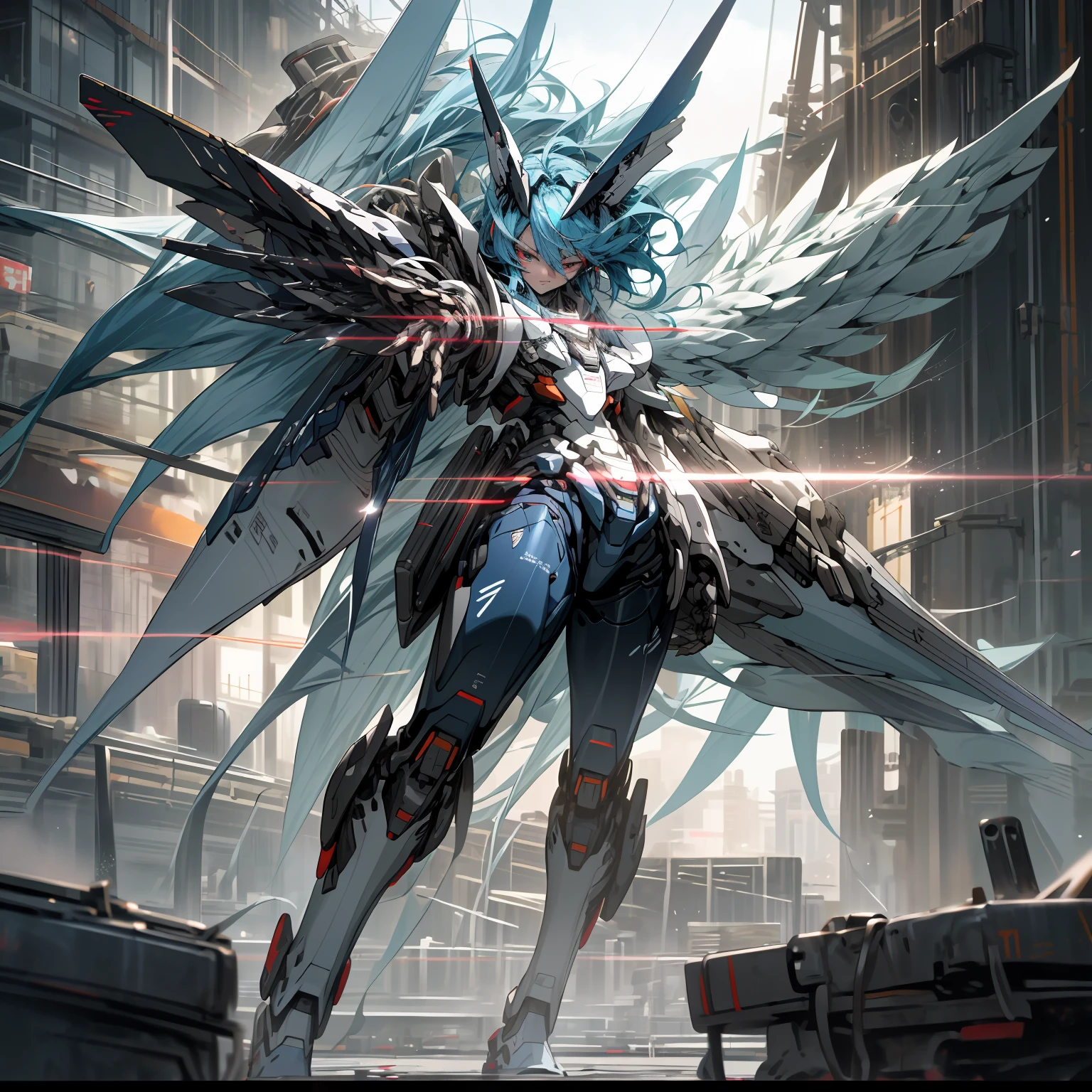 Robot Girl、blue hair、red eyes、surrealism, ray tracing, hyper hd, advanced details, 8K, highest quality, rough skin，ガンダムMecha，angel wings，master piece，best quality，Mecha，teenager floating in the air，（Full body Esbian），（黒色のMecha：1.5），（Axisymmetry：1.4），（nffsw），（cinematic light：1.1），White eyes，nice,Science fiction，fiery，Higashijima，and，antagonism，background of city destroyed by tang knife，（armed with huge weapons：1.5），Mecha