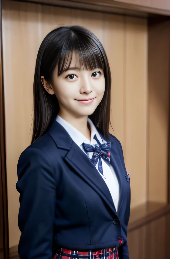 woman posing for photo, japanese model model, 16-year-old female model, 4K、bangss、A dark-haired、bobhair、Middle hair、Straight hair、(Student uniform with dark blue blazer and red tie, Navy Plaid Pleated Skirt:1.2),　(Super cute face in idol style:1.2)、school classrooms、slim and beautiful figure、beutiful breast、A smile、full body Esbian、school classrooms美しい脚、sexy pose、white sock、White sneakers、((シャツの胸元が大きく開いて、胸の谷間が見える))、身体は視聴者の方を向く、視聴者を見つめる、
