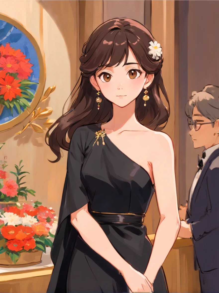 A sketch of a japanese girl, dark brown hair, wearing one shoulder black dress, one shoulder on the left shoulder, attending a modern style wedding, with wavy long hair side swept and parted on the right, small earrings, and makeup