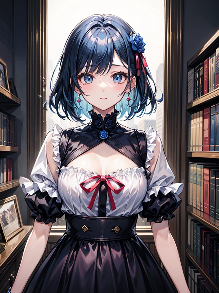 (((masterpiece、Highest image quality、highest quality、highly detailed unity 8kwallpaper)))、((Illustration of one girl、upper body))、(((beautiful girl)))、(librarian)、blue hair、(stocky build, thickset physique:1.3, broad shoulders, solid chest)、(((flat chest)))、librarian服