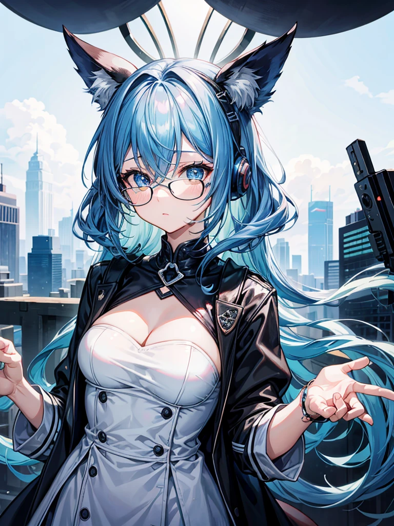 (((masterpiece、Highest image quality、highest quality、highly detailed unity 8kwallpaper)))、((Illustration of one girl、upper body))、(((beautiful girl)))、(librarian)、blue hair、(stocky build, thickset physique:1.3, broad shoulders, solid chest)、(((flat chest)))、librarian服