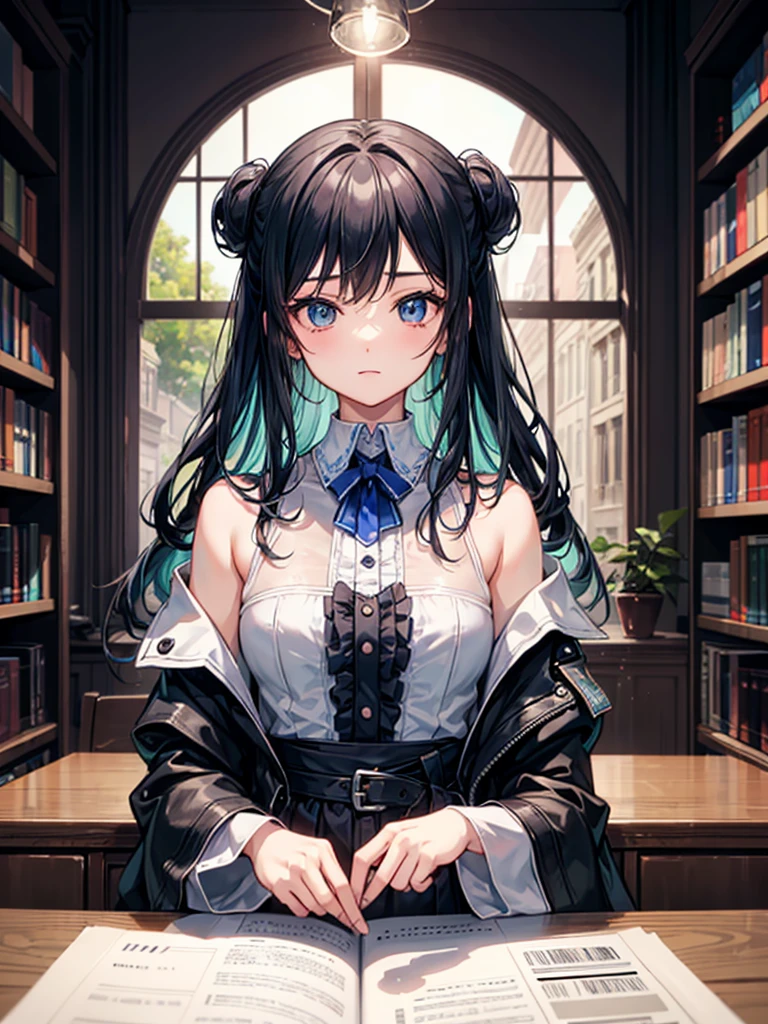 (((masterpiece、Highest image quality、highest quality、highly detailed unity 8kwallpaper)))、((Illustration of one girl、upper body))、(((beautiful girl)))、(librarian)、blue hair、(stocky build, thickset physique:1.3, broad shoulders, solid chest)、(((flat chest)))、librarian服