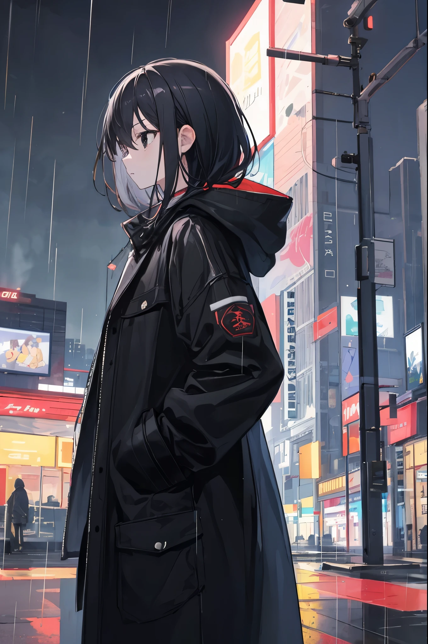 ((best quality)),((masterpiece)),(detailed),1girl,night city,rain,black coat,hands in pockets,tall,black hair,black eyes,nonchalant,buff,flat,calm,back view