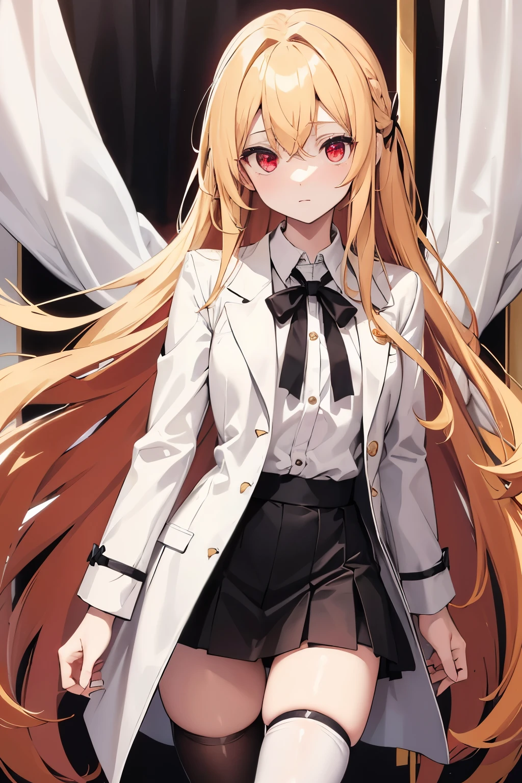 long golden blonde hair,hair down,black ribbon headband, crimson red eyes,pale face,small breast, white shirt,black ribbon, black mini skirt, long white coat, black boots, and black high-knee stockings