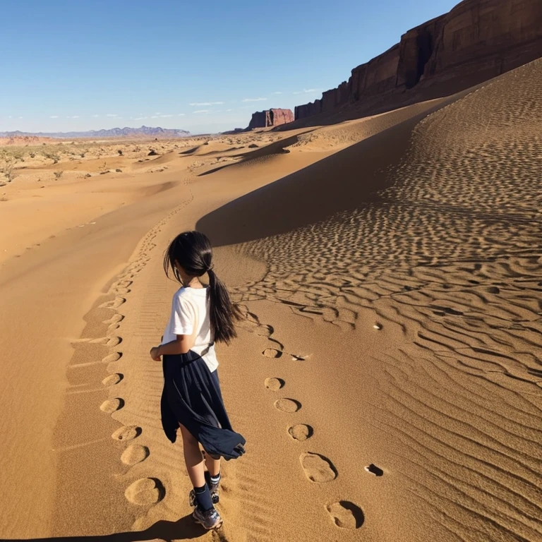 A photo taken from the side of a -yeld Jaese girl walking in the desert looking back