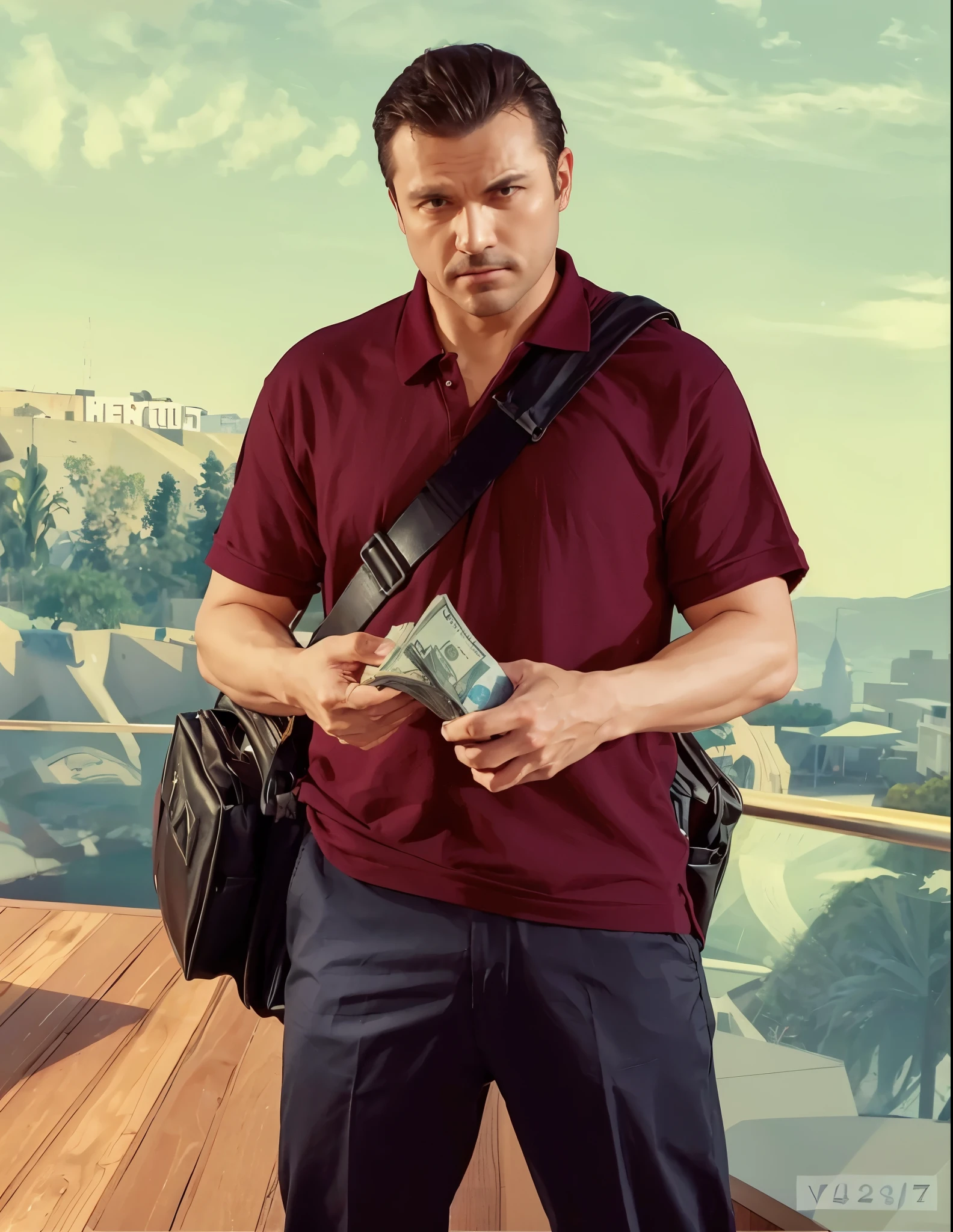The man is holding a stack of money and appears to be counting it. He is wearing a dark red polo shirt, dark pants, and has a black bag slung over his shoulder.