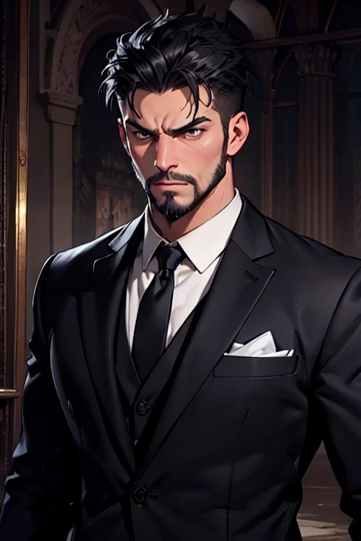 masterpiece,best quality,Ultra-detailed,1 uncle,individual,black hair,beard,Keep your eyes open,looking at the screen,angry,Modern furniture,Tunic,combat state,