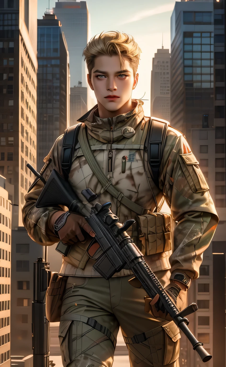 best quality, ((1 person)), light blonde, brown eyes, hunter costume, women looking around, walking, city. With a hunting gun on your back, broad shoulders, realistic, ultra high definition, 3d rendered,
