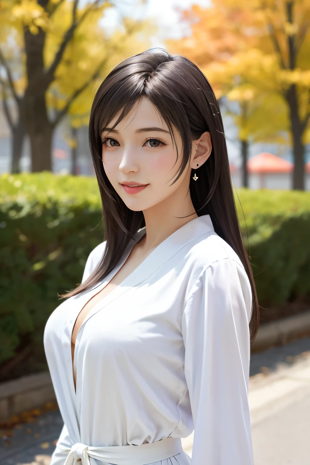 (top quality, masutepiece: 1.1), (Realistic: 1.3), BREAK (((FF7,Tifa_lockhart))),(solo,Tifa:1.2),(japanese ,oversized white shirt dress:1.3) ,(autumn, outdoor),(cute pose:1.3),Ultra-detailed face, Detailed eyes,Red eyes, BREAK (((FF7,Tifa_lockhart))),(black brown hair, Large breasts: 1.0), BREAK About 18 years old,kawaii,happy smile:1.1,cowboy shot