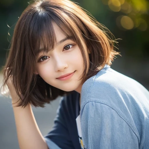 (highest quality,8K quality,masterpiece:1.3,),(Super high resolution:1.3,Photoreal:1.4,Raw photo:1.2),(super detailed:1.2,shiny skin,fine skin:1.1),(detailed face,perfect anatomy,caustics:1.2),on the lawn,sleep on your back,overhead view,,1 girl,cute,Japanese,22 years old,japanese id,natural brown hair,Curl short hair outward,cute目,natural makeup,oversize tshirt,laughter,look at the camera,up on the face,face focus,professional lighting,natural soft light,