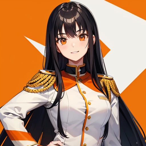 White -yeld giwith long black hair is wearing a military uniform, Orange Cape, large hazel eyes, Science fiction, smile, Charterer V2