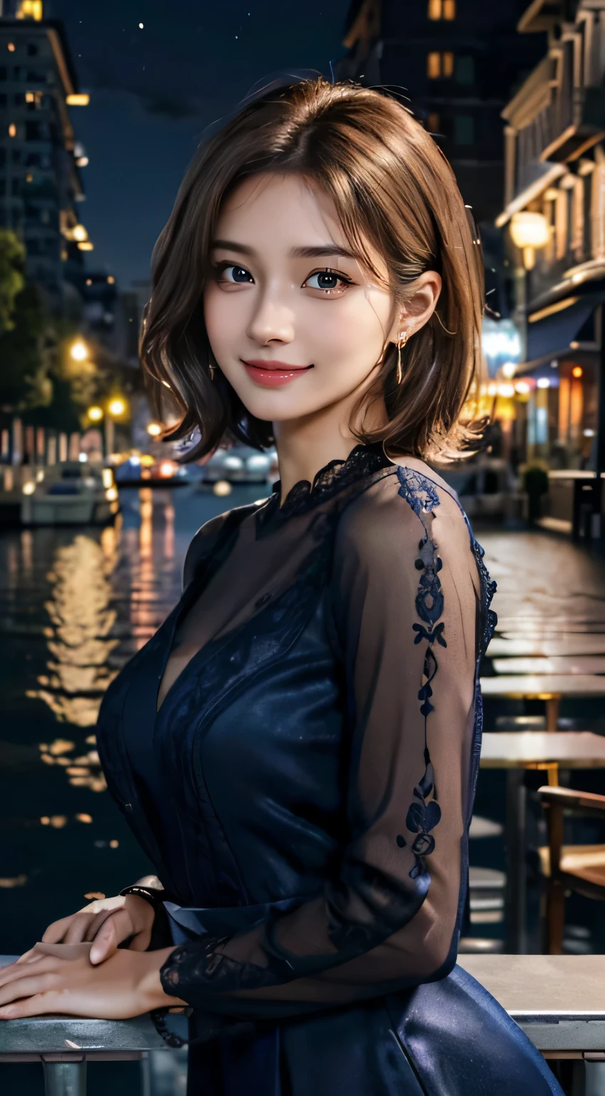 (table top, highest quality, realistic, Super detailed, In detail, High resolution, 8k wallpaper), 1 beautiful woman, earrings, smile, In a navy formal dress, light brown short messy hair, perfect dynamic composition, beautiful and detailed eyes, smile, Bayside Area, At night, full body portrait