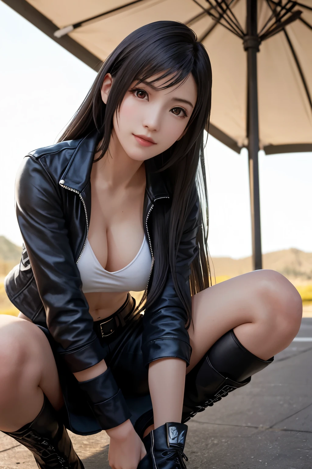 (top quality, masutepiece: 1.1), (Realistic: 1.3), BREAK (((FF7,Tifa_lockhart))),(solo,Tifa:1.2),(japanese ,race queen , tight jacket,short pant,low rise, tight long boots:1.3) ,(super car,  outdoor ),(sexy pose:1.1),Ultra-detailed face, Detailed eyes,Red eyes, BREAK (((FF7,Tifa_lockhart))),(black brown hair, Large breasts: 1.2), BREAK (Small and beautiful hard nipple)  About 18 years old,kawaii,smile,face focus:1.3,shy,blush,suggestive,sensual,looking at viewer