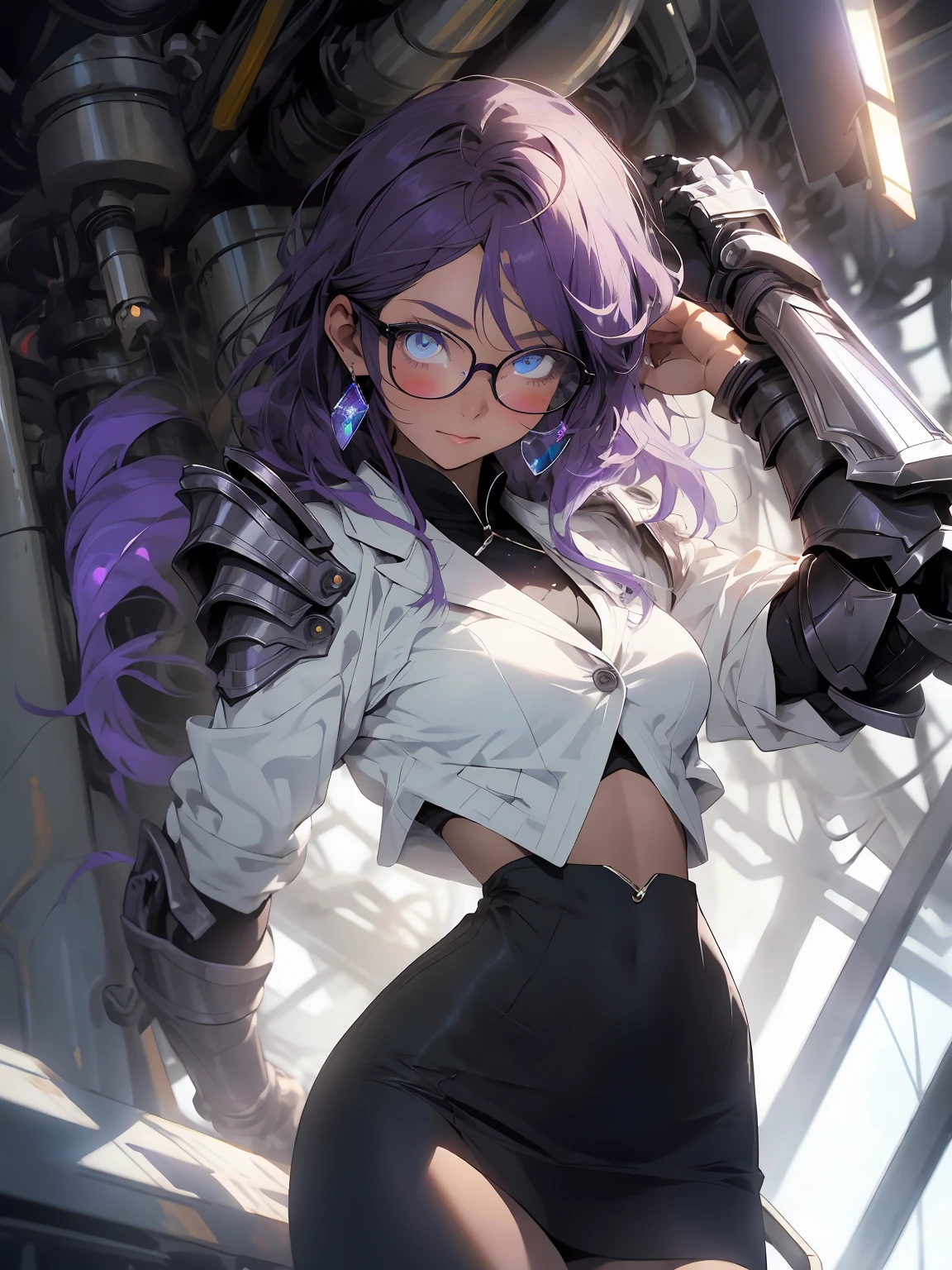 make it realistic,(masterpiece,highest quality,optimal quality,very detailed,fractal art,most detailed,(background is abstract:1.5)(1 girl),look up,Glasses,purple hair,(hair length),(shining blue eyes),big breasts,toned abdominal muscles、crystallization,high leotard,sexy,machine armor,Blake、(office wear blazer、black pencil skirt、)