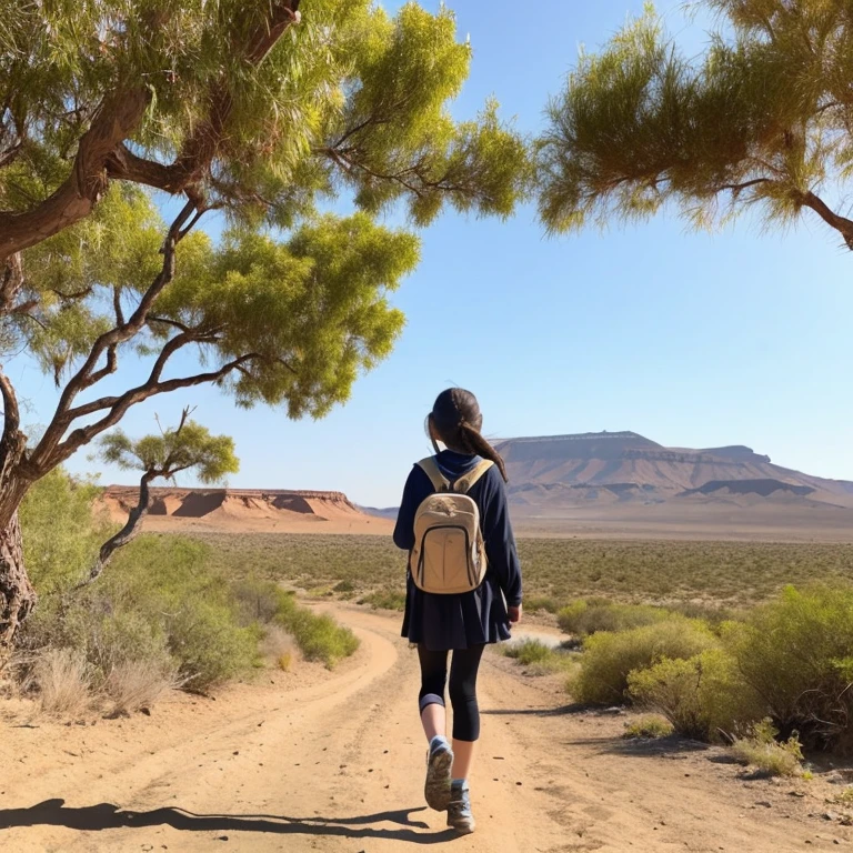 A photo taken from the side of a 14-year-old Japanese girl walking in the desert looking back at the bulldog behind her.、the beatles ivy road