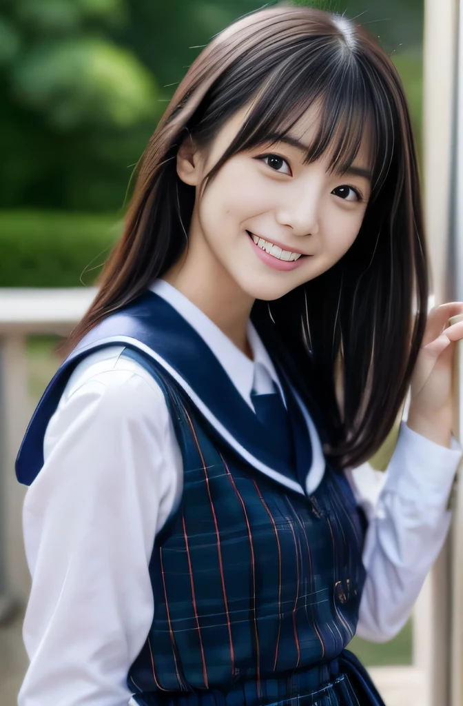 woman posing for photo, japanese model model, 16-year-old female model, 4K、bangss、A dark-haired、bobhair、Middle hair、Straight hair、(Student uniform Navy Plaid Pleated Skirt:1.2),スポブラ、　(Super cute face in idol style:1.2)、school classrooms、slim and beautiful figure、beutiful breast、A smile、full body Esbian、school classrooms美しい脚、sexy pose、white sock、White sneakers、((胸の谷間が見える))、
