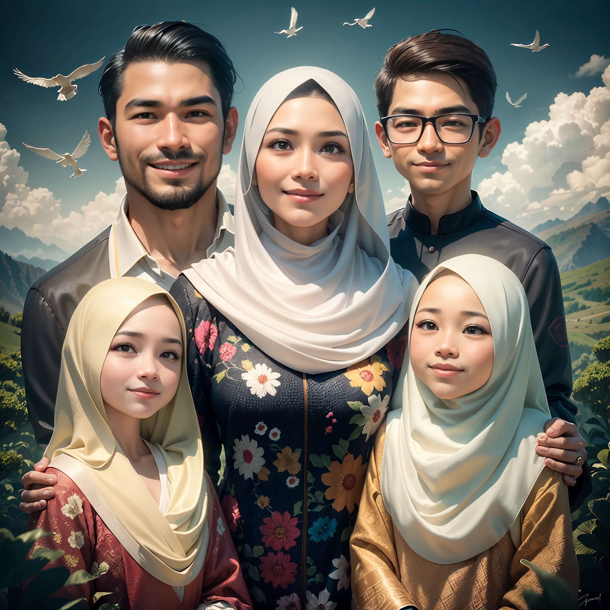 arafed family portrait with a mountain background and birds flying overhead, an indonesian family portrait, happy family, potrait, full protrait, family portrait, inspired by Nazmi Ziya Güran, realism artstyle, barong family, cartoon artstyle, close up potrait, high quality portrait, inspired by Oton Gliha, sakimi