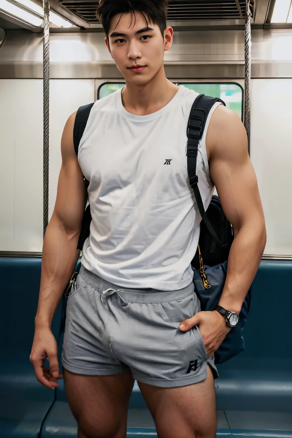 1人，A 20-year-old man in the subway，Standing in a subway car，Ultra-flat head，White skinny sleeveless T-shirt，Wear yours with grey micro shorts，huge bulge,  leg apart，musculous，Handsome，Look at your phone，Wear AirPods，Wear an Apple Watch，Sport backpack，white short socks，White sneakers，pervert smirk，exhilarated，full bodyesbian，Exposing thighs，Expose calves，Thick leg hair，In crowded subway cars，gentlesoftlighting，tmasterpiece，best qualtiy，8K  UHD，digital SLR camera，filmgrain，Fujifilm XT3 Realistic painting art，Written by Midjourney and Greg Rutkowski