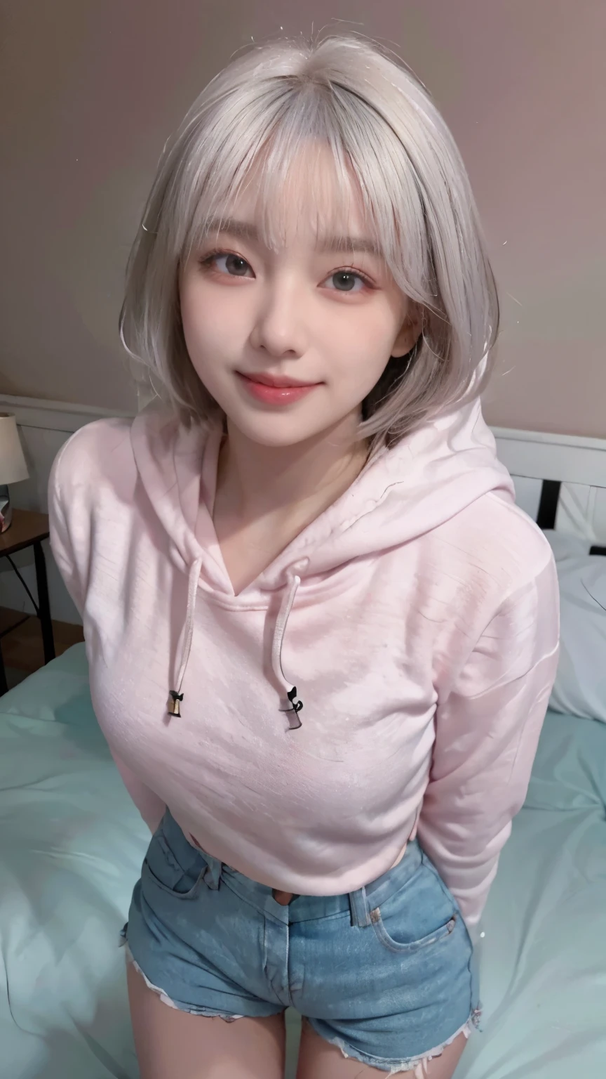 Highest image quality、Live shooting、ultra high resolution、21 year old Korean、small breasts、dynamic angle、cowboy shot、the most beautiful form chaos、elegant、brutalist design、vivid colors、beautiful white hair、short bob、smile、smile、shiny white skin、Beautiful eyes with random colors、Beautiful eyes in every detail、elongated eyes、thin lips、pale pink blush、long eyelashes、beautiful double eyelids、eye shadow、bright room、Big hoodie、hot pants、Taken from diagonally above、sexy pose