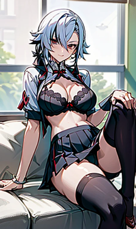 NSFW, ((POV)), arlecchino, arlecchino from genshin impact, school girl, school uniforms, short skirt, big tits, cool girl, a quiet and serious girl, badass, firm expression, evil smile, look down, sexy model pose, school background, fine background, leg loops, black stocking, full body, sitting on the sofa, bra, sexy black underwear, leaning.