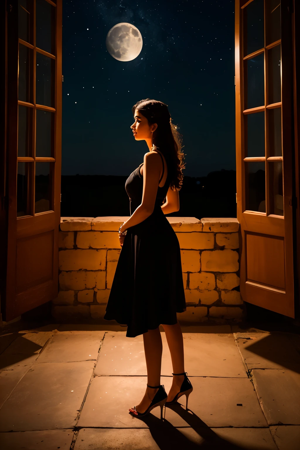 Photo of a beautiful Indian girl, profile view, wearing a black dress on the front side and a golden dress on the outside, capturing her elegance and allure. The setting is a night scene with side lighting and shadows, illuminating her features. The background is adorned with a night window, featuring the tranquil sky, moon, and stars. The ground beneath is texturized with 3D glasses, ensuring an immersive and cinematic experience.
Detailed description:
A beautiful Indian girl stands in profile view, her stance exuding confidence. The left side of her figure is draped in a pitch-black dress, its fabric shimmering subtly under the moonlight