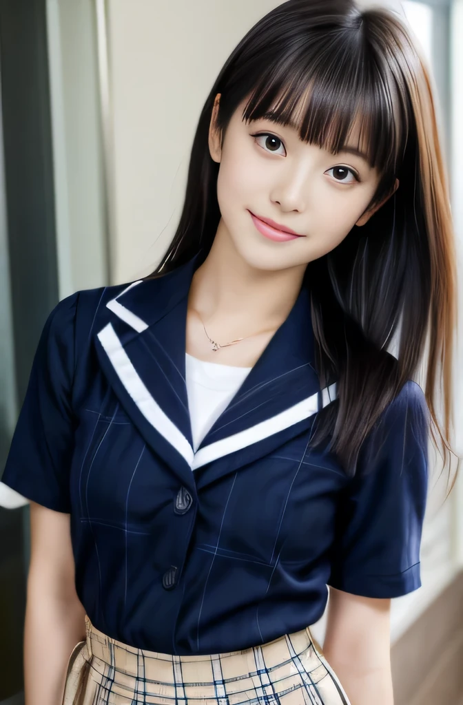 woman posing for photo, japanese model model, 16-year-old female model, 4K、bangss、A dark-haired、bobhair、Middle hair、Straight hair、(Navy Plaid Pleated Skirt:1.2), (Super cute face in idol style:1.2)、school classrooms、slim and beautiful figure、beutiful breast、full body Esbian、school classrooms、美しい脚、sexy pose、white sock、White sneakers、((スポブラ、胸の谷間が見える))、
