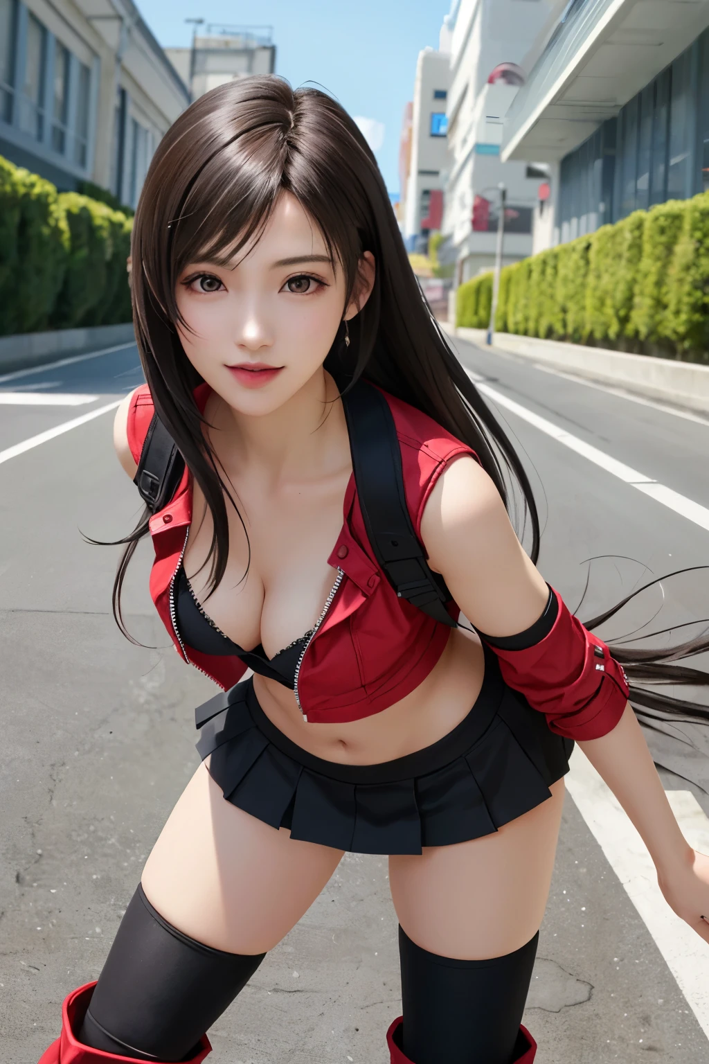 (top quality, masutepiece: 1.1), (Realistic: 1.3), BREAK (((FF7,Tifa_lockhart))),(solo,Tifa:1.2),(japanese ,race queen ,sleeveless,tight red short jacket,black Tube top,black short skirt ,low rise, red tight long boots:1.3) ,(super car, ferrari,circuit, outdoor ),(model pose:1.1),Ultra-detailed face, Detailed eyes,Red eyes, BREAK (((FF7,Tifa_lockhart))),(black brown hair, Large breasts: 1.2), BREAK (Small and beautiful hard nipple)  About 18 years old,kawaii,happy smile,face focus:1.2,shy,blush,suggestive,sensual,looking at viewer,standing, front of race car