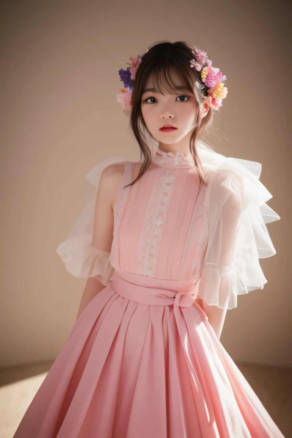 A woman in a pink dress and flower crown posing for a picture - SeaArt AI