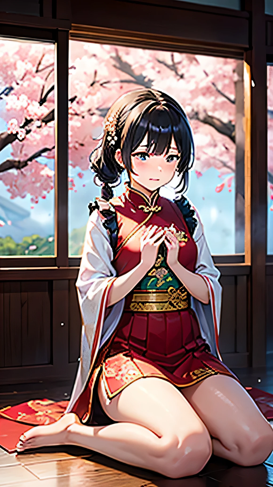 China, Traditional style, maid, kneeling, cry, comics, Elegant details, delicate brushstrokes, bright colors, soft light, dramatic emotion, Intricate hair accessories, flowing robe, foggy landscape, traditional architecture, sorrowful expression, teardrop, expressive eyes, sorrow, Empathy, Cultural richness, emotional depth, nostalgic atmosphere, dynamic composition, Book Review, ink, graceful posture, Traditional musical instruments, Cherry blossoms, Poetic, peaceful atmosphere.