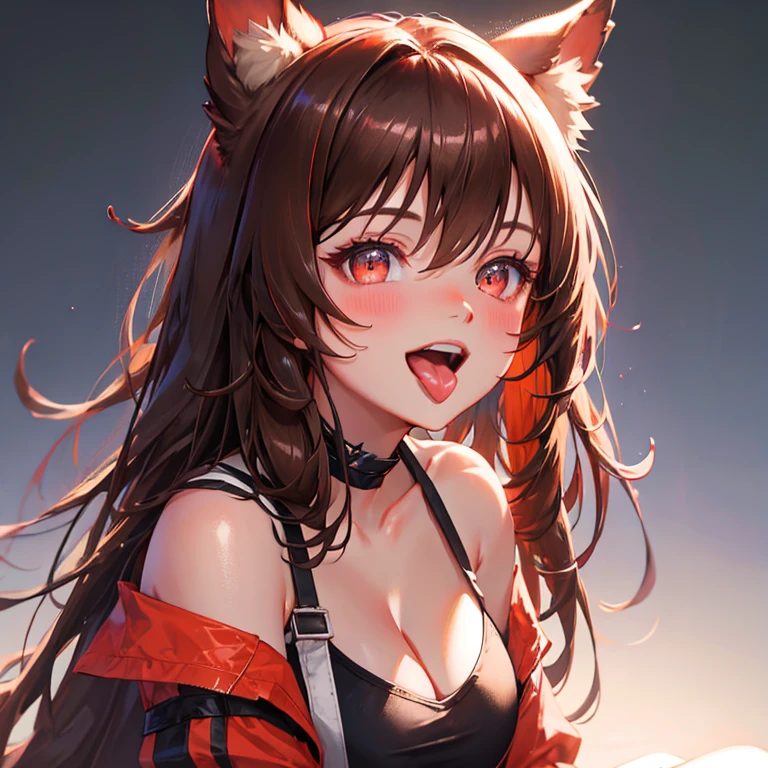 (best quality,highres,masterpiece:1.2),ultra-detailed, eyeing the audience, beautiful face, beautiful eyes, lifting her head,upper body, animal_ears, long_hair, dog_ears, brown_hair, bangs, red_eyes, smile, dog_girl, open_mouth, breasts, blush, hair_between_eyes, very_long_hair, ceobe_arknights, shiny hair, glossy skin, luminous contour, crimson blush, harmonious finger proportions, cowboy shot, wariza, cleavage, open_mouth, tongue, tongue_out,profile,sunburst background,dormitory,figure four sitting,backless outfit