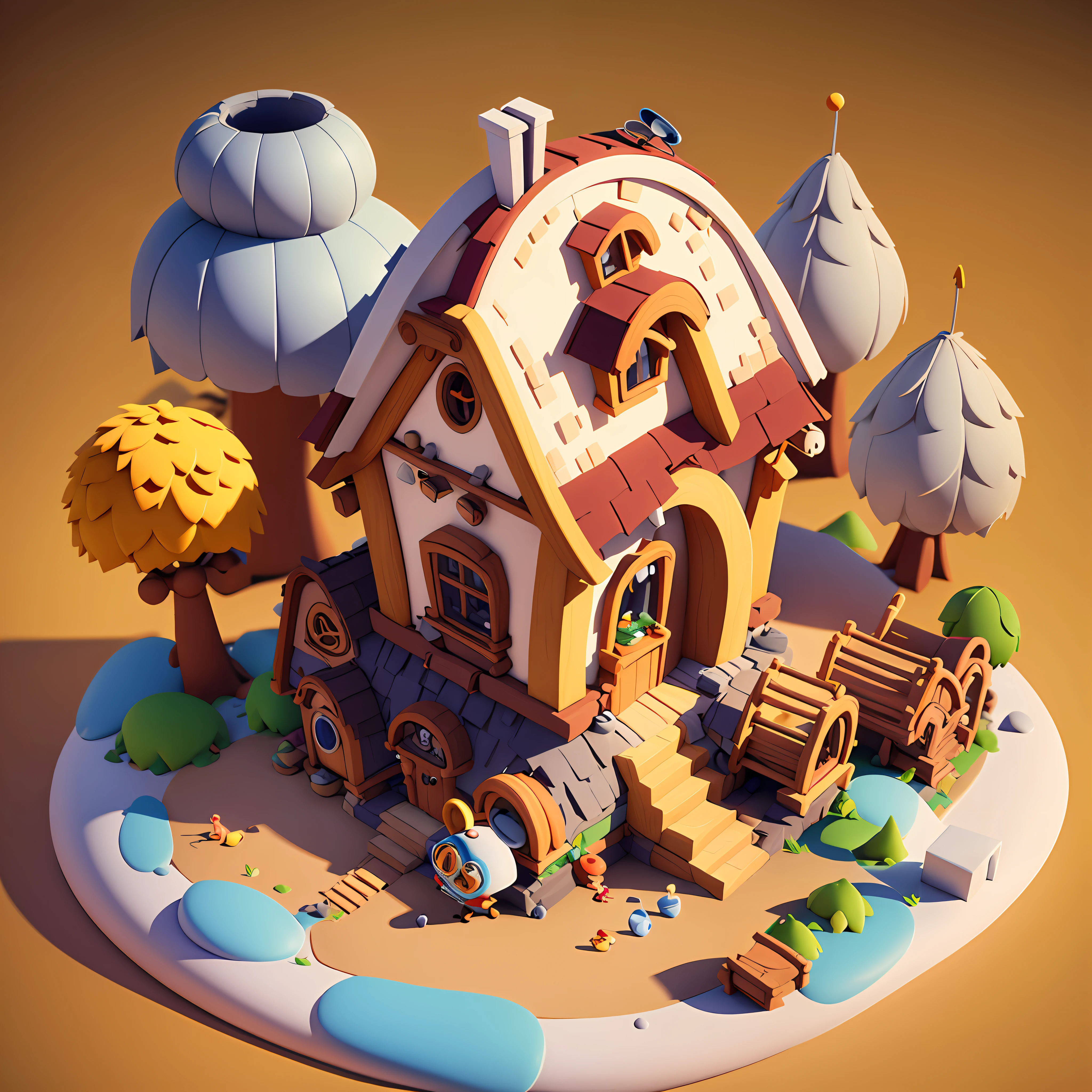 obra maestra, Mejor calidad, Dibujos animados, estilo pixar, super simple design, mini escena, Cruce de animales, arquitectura, 3D, licuadora