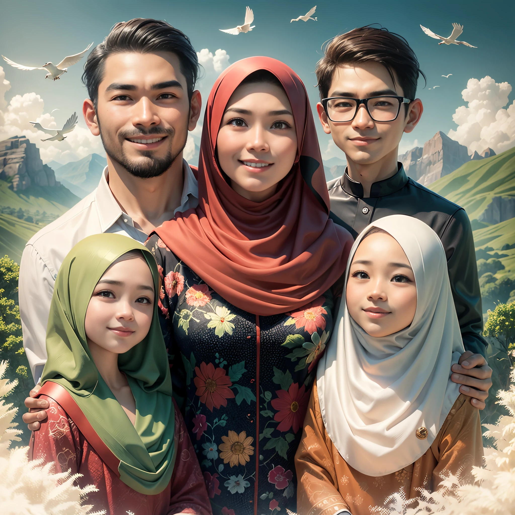 arafed family portrait with a mountain background and birds flying overhead, an indonesian family portrait, happy family, potrait, full protrait, family portrait, inspired by Nazmi Ziya Güran, realism artstyle, barong family, cartoon artstyle, close up potrait, high quality portrait, inspired by Oton Gliha, sakimi