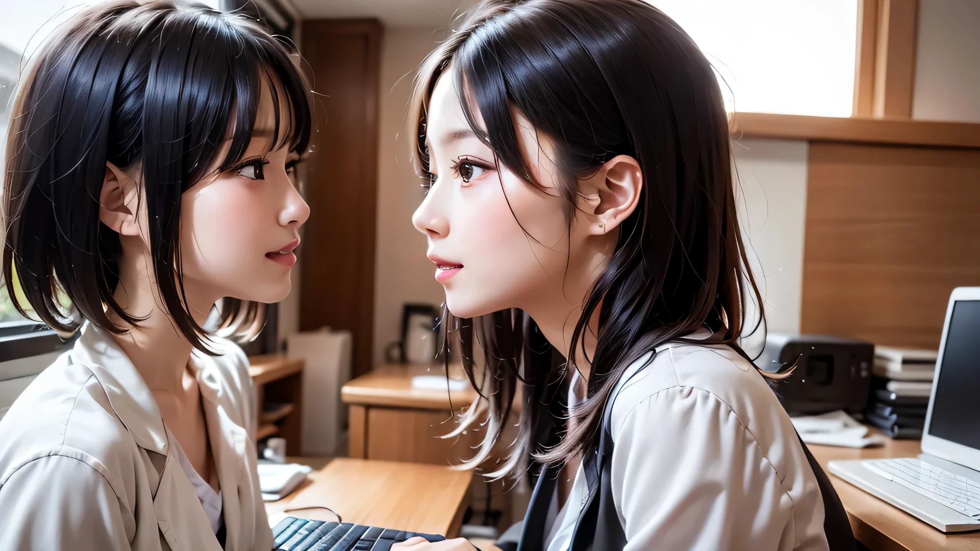 there is a woman sitting on a desk with a computer, ~ side profile portrait, profile of anime girl, elegant profile pose, profile pose, beautiful japanese girl face, portrait of a japanese , ~ side portrait of cute girl, anime woman headshot profile, ( ~ side ) profile, young asian woman, In front of a computer, a woman's profile