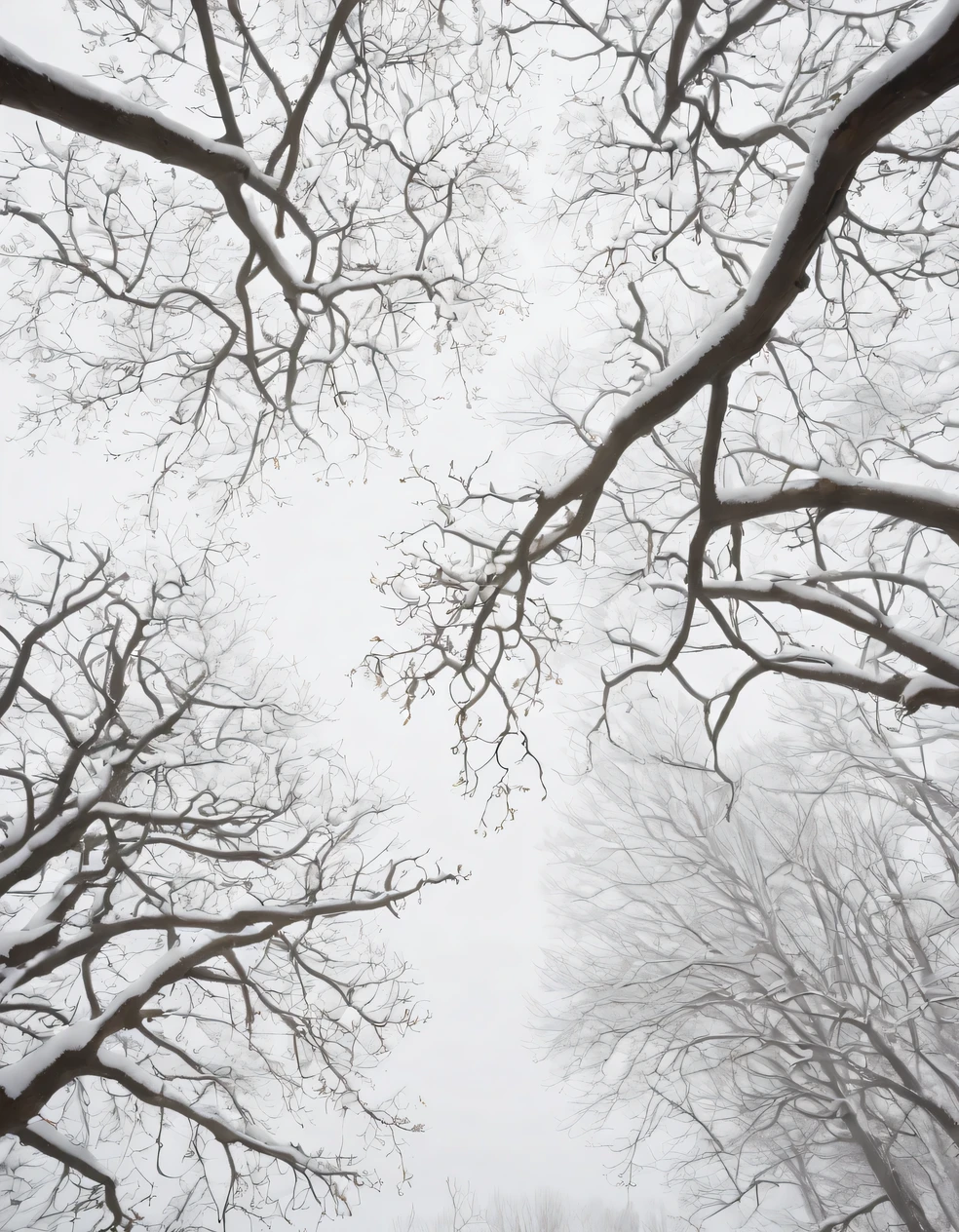 A photo of a cloudy grey sky, bottom right, dry tree branches fall slightly into the frame, Snowfall overhead, under a gray foggy sky, grey sky, Snowy sky, natural light on a cloudy day, Snowfall, [oak branches:0.4], a lot of snow drops, wide angle low angle shot, from bottom to up view
